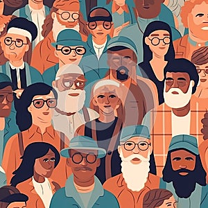 Crowd of young and elderly men and women in trendy hipster clothes.Social diversity concept. Flat cartoon illustration