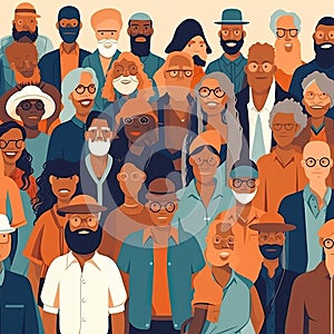 Crowd of young and elderly men and women in trendy hipster clothes.Social diversity concept. Flat cartoon illustration