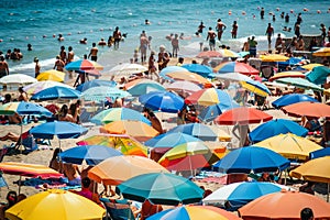 Crowded beach scene with many people under colorful umbrellas enjoying the sun and sand, A crowded beach dotted with colorful