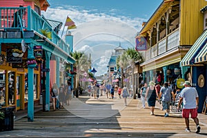 Crowded boardwalk with people strolling next to vibrant shops, A bustling boardwalk lined with colorful shops and lively street