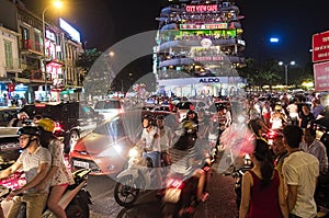 Crowded city center traffic road in Hanoi