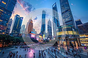 Crowded city square with people walking during dusk, skyscrapers in the background, A bustling city square with skyscrapers