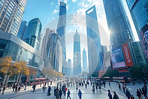 A crowded city street with many people walking among towering skyscrapers, A bustling city square with skyscrapers towering