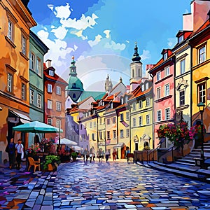 Crowded Cobblestone Street in Warsaw& x27;s Old Town