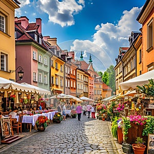 Crowded Cobblestone Street in Warsaw& x27;s Old Town