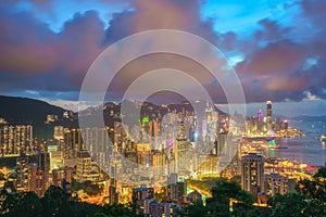 Crowded downtown and building in Hong Kong at night time