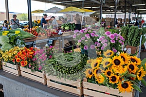 A crowded farmers market bustling with people and overflowing with a variety of fresh fruits and vegetables, A bustling farmers