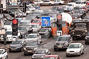 Crowded highway with traffic lamp