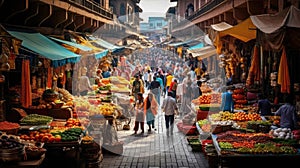 Crowded Indian street market with people shopping for food and spices