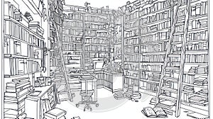 Cozy Library Interior with Bookshelves, Ladder Desk - Line Art