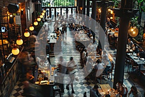 A crowded restaurant with people eating and drinking, A bustling dining area with people moving about