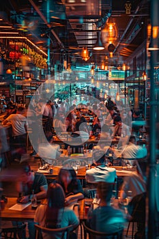 crowded restaurant or pub with people dining and waiters, bartender and chefs working, crowd drinking and eat in full