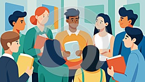 In a crowded room a group of students gather to discuss the controversial topic of tuition fees.. Vector illustration. photo