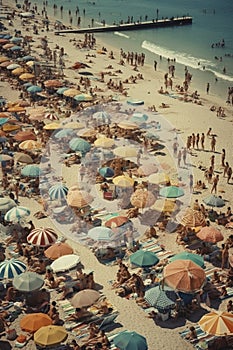 Crowded sandy beach with tourists relaxing by the sea, created with generative AI
