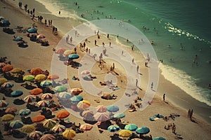 Crowded sandy beach with tourists relaxing by the sea, created with generative AI