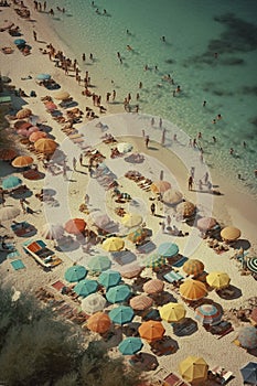 Crowded sandy beach with tourists relaxing by the sea, created with generative AI