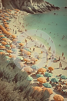 Crowded sandy beach with tourists relaxing by the sea, created with generative AI