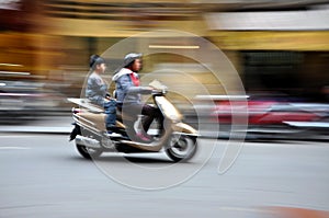 Crowded scooter traffic in Hanoi, Vietnam