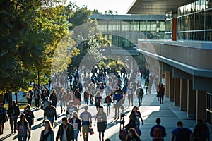 Crowded sidewalk as a diverse group of people walk together in a bustling campus setting, A bustling campus filled with students