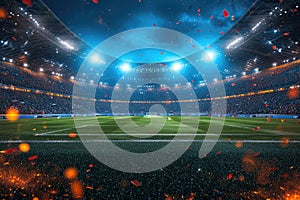 Crowded Stadium Event: A bustling stadium filled with spectators under bright lights, capturing the energy and grandeur
