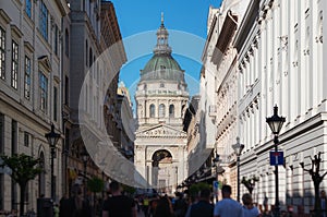 Crowded tourist at Zrinyi Utca street with Saint Stephen`s Basilica in Budapest, Hungary