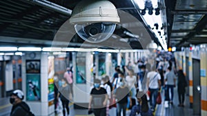 A crowded train station platform with multiple security cameras affixed to the ceiling.