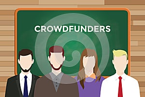 Crowdfounders illustration with four people in front of green chalk board and white text