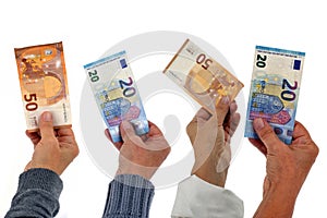 Crowdfunding concept with banknotes in hand on white background