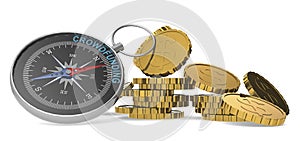 Crowdfunding concept with compass and gold coins