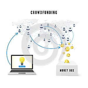 Crowdfunding concept. People from global network donating money for Business Idea and help develop project. vector