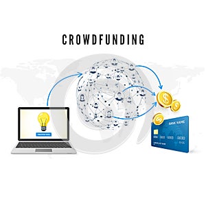 Crowdfunding concept. People from global network donating money for Business Idea and help develop project. vector illustration