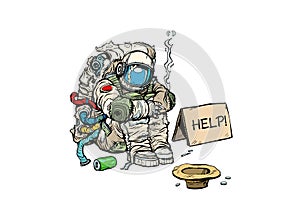 Crowdfunding concept. A poor homeless astronaut asks for money photo