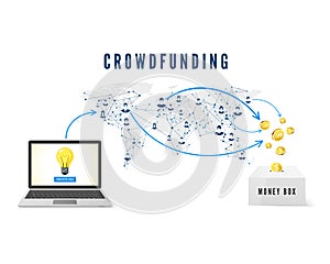 Crowdfunding concept. Start up idea launch. People from global network donating money for Business Idea and help develop project