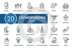 Crowdfunding icon set. Collection contain crowdfunding, creator, pre-release, fundraising and over icons. Crowdfunding