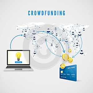 Crowdfunding. People from global network donating money for Business Idea and help develop project. vector illustration