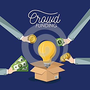 Crowdfunding poster with cardboard box opened with big light bulb in dark blue background and hands with money bills and