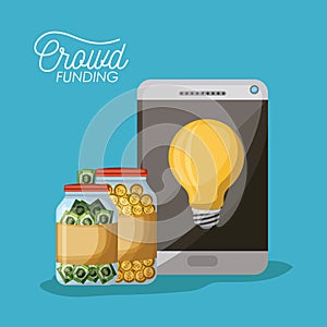 Crowdfunding poster of tablet device with light bulb in screen and coins and bills in bottle savings in blue background