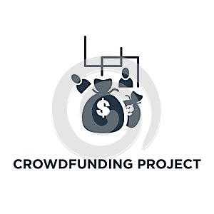 crowdfunding project icon. fundraising campaign concept symbol design, money donation, charity fund, money bags, income growth