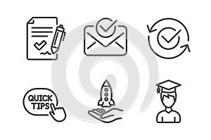 Crowdfunding, Quick tips and Approved mail icons set. Approved agreement, Student signs. Vector