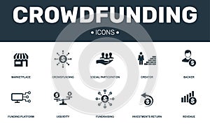 Crowdfunding set icons collection. Includes simple elements such as Marketplace, Creator, Backer, Funding platform and