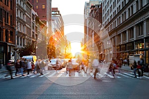 Crowds of busy people walking through the intersection of 5th Avenue and 23rd Street in Manhattan, New York City