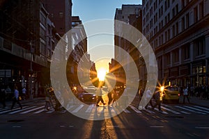 Crowds of diverse people walk across a busy intersection on 5th Avenue in New York City with sunlight background