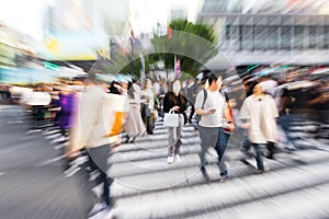 crowds of people crossing the Shibuya crossing in Tokyo, Japan