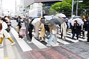 crowds of people crossing a street in Tokyo, Japan, while it is raining