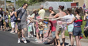 Crowds with policeman