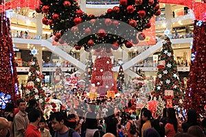 Crowds in shopping mall at Christmas