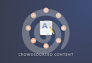 Crowdsourced content concept. Combined and coordinated participation of a group of people in generating user-generated