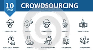 Crowdsourcing icon set. Collection contain backer, funding platform, liquidity, collaboration, donation and over icons