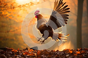 Crowing Rooster in falling autumn leaves. Generate ai