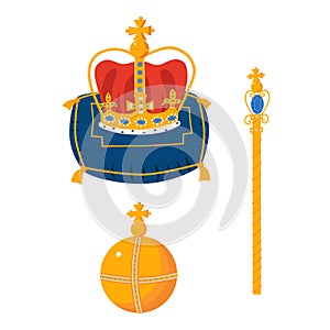 Crown on the ceremonial pillow, globus cruciger, scepter cartoon vector illustration. Royal gold jewelry. King, queen photo